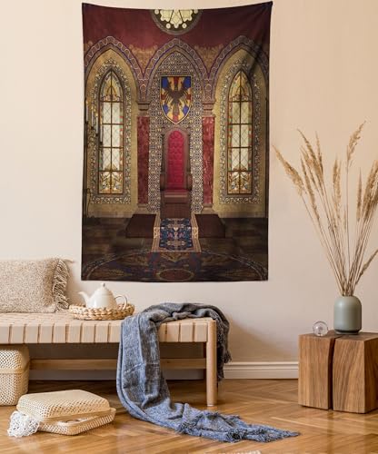 ABAKUHAUS Gótico Tapiz de Pared y Cubrecama Suave, Trono Rojo Medieval en Capilla Retrato de Águila Antiguo Edificio de Fantasía, Material Resistente, 140 x 230 cm, Marrón