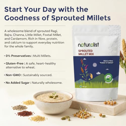 Image of Naturalist Sprouted Millet Mix - 400g | 5-Grain Multigrain Flour | Ragi Jowar Bajra Foxtail Little Millet | Gluten Free | Rich in Fibre Protein Iron | Stone Ground Cold Milled | No Preservatives | Healthy Roti Dosa Porridge Mix