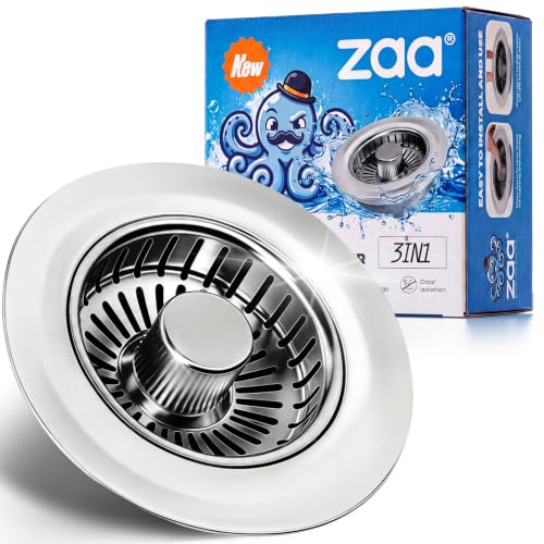 Image of zaa Kitchen Sink Drain Strainer - Kitchen Sink Stopper, 304 Stainless Steel Sink Drain Stopper, Sink Protector for Kitchen with Anti-Clog Filter, Fit US Standard 3-1 /2'' Sink Drain Hole, Gray | Kitchen Sink Accessories 1 Pack Brushed Grey Stainless - Food Catcher, Odor-Blocking Seal, Fits 3.5 inch Drain