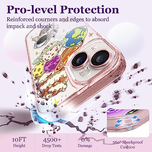 Image of Designed for iPhone 14 Case Pink Glitter Clear - Cute Bling Phone Case with Wrist Strap - Aesthetic Y2K Case for Woman, Girl 6.1 inch (Spaceman)