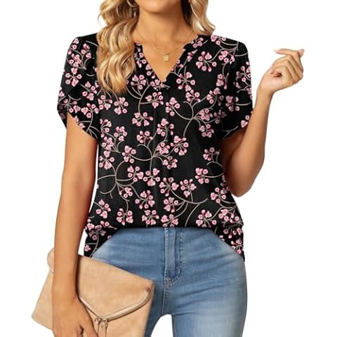 Aodemo Womens Summer Dressy Casual Blouse Petal Short Sleeve Tunic Tops Business Ladies Work Shirts L, Gypsophila Black Cover
