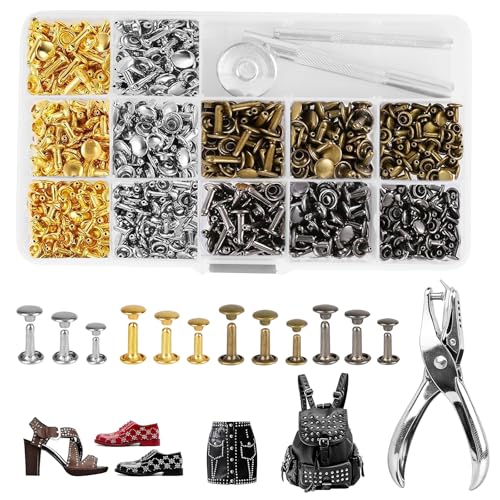 OdiuK 360 Set Leder Nieten Set Doppelkappe Hohlnieten mit Bohrwerkzeuge und Zangen 12mm 8mm 6mm Ledernieten Nieten für Leder hohlnieten Set für DIY Lederhandwerk Kleidung Dekoration 4 Farben (M)