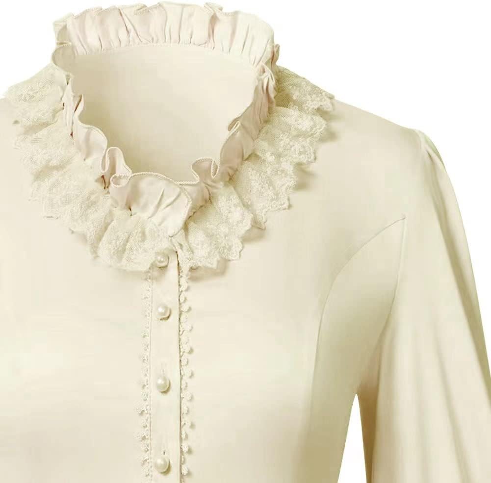 Women Vintage Victorian Long Sleeve Corset Top Lace Ruffled Blouse Stand Collar Shirts - Image 4