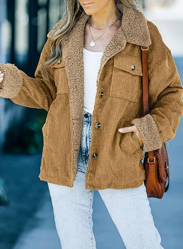 Dokotoo Corduroy Sherpa Jacket for Women Button Down Fleece Fur Collar Winter Warm Coat - Image 4