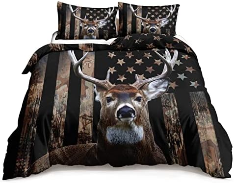 HOSIMA Deer Hunting Bedding Sets,Deer and American Flag Duvet Cover for Hunter Bedroom Decor with 2 Pillowcases Camouflage Bedding Sets for Adult Teen boy Bedding.
