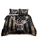 HOSIMA Deer Hunting Bedding Sets,Deer and American Flag Duvet Cover for Hunter Bedroom Decor with 2 Pillowcases Camouflage Bedding Sets for Adult Teen boy Bedding.