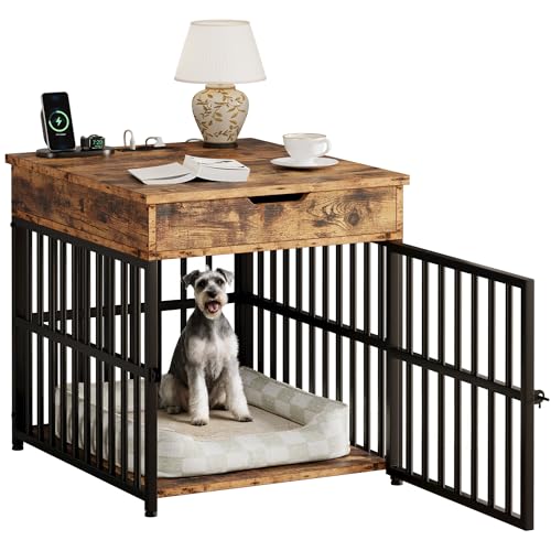 IRONCK Dog Crate Furniture for Small Dogs, Wooden Dog Kennel with Flip Top Drawer, Indoor Pet Crate End Table with Charging Station, Steel-Tube Dog Cage, Rustic Brown - Image 4