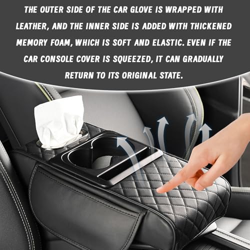 Image of Khushi Liquid Car Armrest Cushion, 5 in 1 Center Console Cover with 2 Cup Holders, Phone Holder, Tissue Holder, Storage Bag, Multifunctional Leather Heightened Car Armrest Cushion for Most Cars