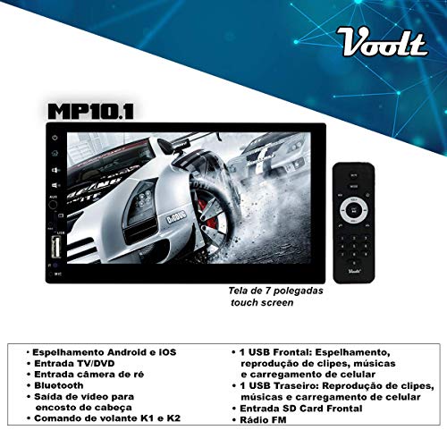 Central Multimidia MP10.1 Voolt Universal 2DIN USB, SD Espelhamento Android e IOS