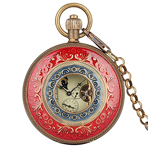 Pure Copper Red And Blue Cover Retro Large Tourbillon Mechanical Pocket Watch Chain Retro Fashion Fob Hand Winding Double Hunter #TOP6
