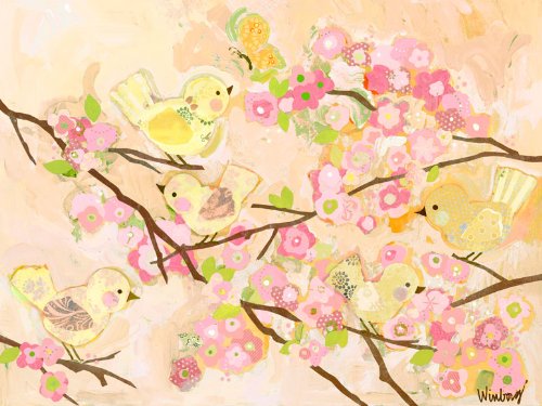 Oopsy DaisyFine Art for Kids Cherry Blossom Birdies Butter Cream Stretched Canvas Art by Winborg Sisters, 24 by 18-Inch