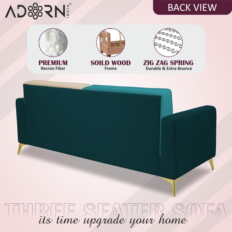 Image of Adorn India Premium Harlem 3 Seater Sofa | Velvet Suede Upholstery | 3-Year Warranty | Ocean Blue, Aqua Blue & Beige with Gold Legs & Cushion