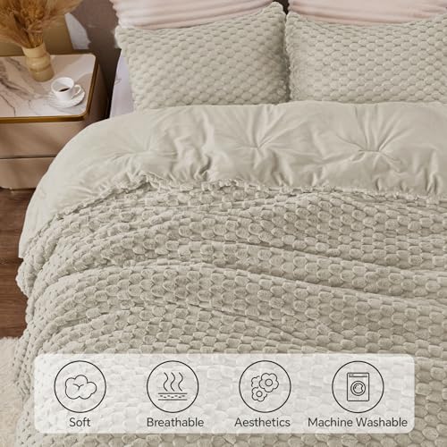 BEDELITE Fluffy Queen Comforter Set - Linen Fleece Soft Comforter for Queen Size Bed, Luxury Warm Bedding Set for Winter, Fuzzy Bed Set 3 Pieces (1 Comforter, 2 Pillowcases)