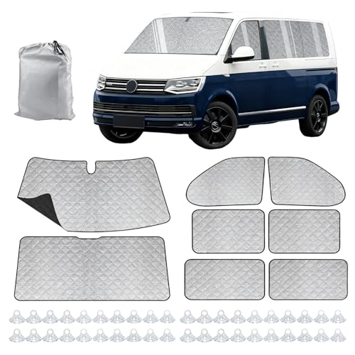 8Stk Innen Thermomatten-Set für VW T5/T6 LWB, Innen Thermomatte Fahrerhaus Passend Schwarzer Rückseite & dickem Material,UV- & Wasserschutz Mehrschichtiger Sonnenschutz, Einfache Montage