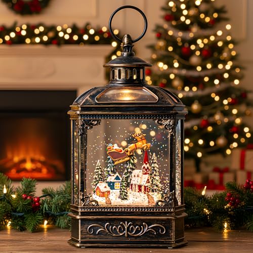 VISFLAIR Christmas Snow Globe Lighted Church & Flying Santa Scene Musical Snow Water Lantern Swirling Glittering Home Decoration and Gift Battery Operated or USB Powered