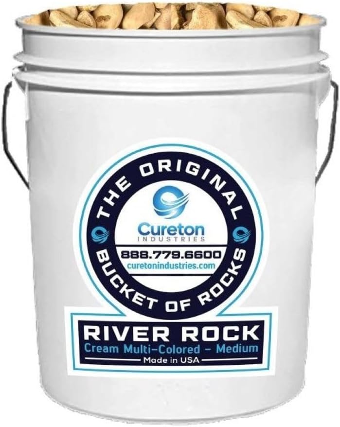 40 lbs Bucket of Multicolor Medium Cream River Rock 1½-3 inch size, covers .5 cu ft area landscaping, pathways, driveways, drainage, patios, planters, gardens, playgrounds, fountain
