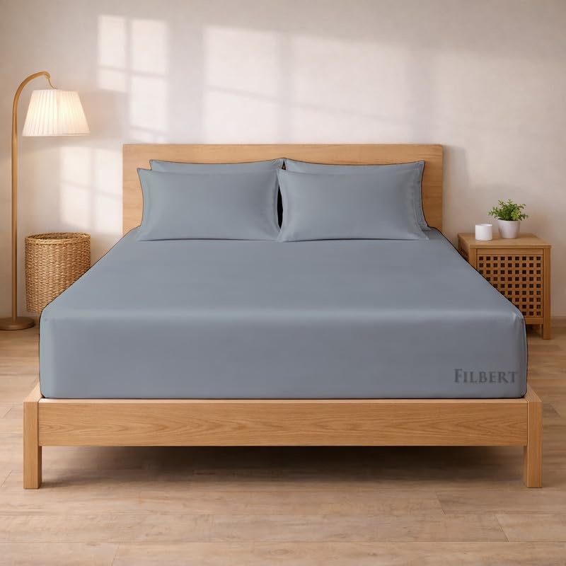Image of Filbert - Premium Satin Fitted Bedsheet Queen Size (60x78 Inch) with 2 Pillow Covers | Hypoallergenic Breathable | Hair and Skin Friendly, Women Gift Choice|Coin Grey