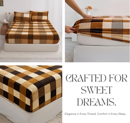 Image of VAS COLLECTIONS Luxury Warm Winter Elastic Fitted Bedsheet with 2 Pillow Covers - Ultra Soft Flannel Velvet Touch, Cozy & Wrinklefree lintfree Size - 78x72+10 Inches (Brown & Beige)