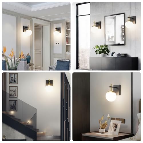 Image of Ralbay Black Gold Indoor Wall Sconces Set of 2,Mid Century Modern Bathroom Wall Lighting Fixtures Milky Glass Wall Lamp for Bedroom Living Room Vanity Hallway,Black and Gold(Exclude Bulb)