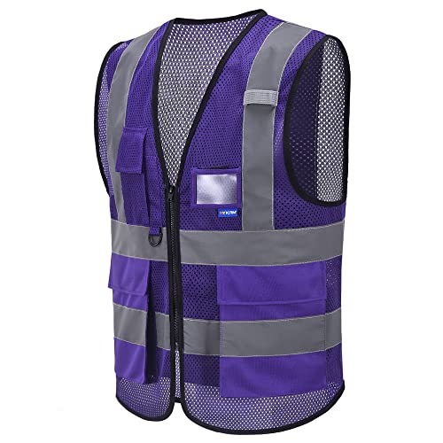 Image of High Visibility Mesh Vest with Clear ID Pocket, Zipper, Purple, L | Purple L mesh safety vest with reflective strips, mic tabs and 7 pockets for refinery technicians and laboratory safety.