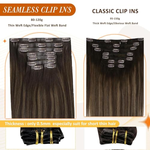 Image of Full Shine Seamless Clip in Human Hair Extensions, Balayage Brown 150g | 20 Inch, Dark Brown to Ash Blonde, Invisible PU Weft Clip-Ins, Full Length Volume Blend for Medium Hair Density, 8 Pcs
