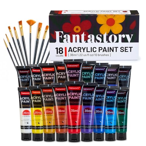 Image of Fantastory 36ml 18 Colors Professional Acrylic Paint Set with 10 Brushes | Designed for Demanding Projects on Canvas, Wood, Stone, and Model Building
