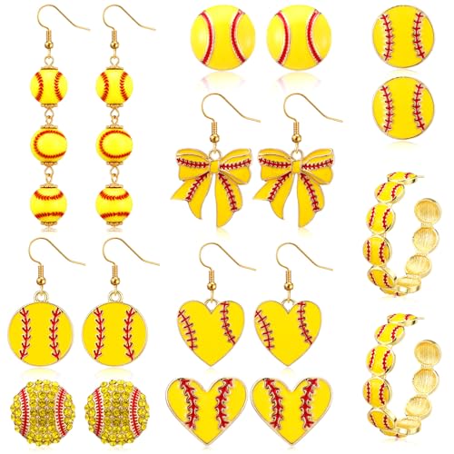 Liliaafar 9 Pairs Sports Earrings for Women Soccer Softball Baseball Volleyball Golf Football Earrings Jewelry Accessories Gifts (Softball)