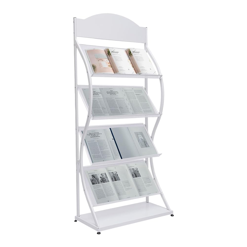 Fridgestea Curved Freestanding Brochure Display Stand, 4-Tier Magazine Rack, S-shaped Book Holder, Newspaper Leaflet Dispenser for Office, Trade Show, Exhibition, Bookstore (White)