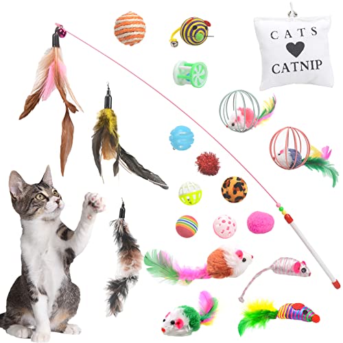 Cymax 20 pièces Jouets Chat Interactif, Kit Jouet Chats,Souris, Balles, Baguettes de Plumes pour Kitty interactif