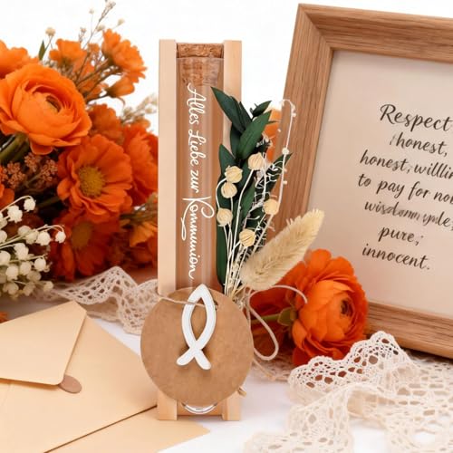 Kommunion Geschenke für Mädchen, Erstkommunion Geschenke Mädchen, Kommunion Geschenk Junge aus Holz, Geldgeschenk mit Trockenblumen & Baumwolle, Taufgeschenk Fisch Deko