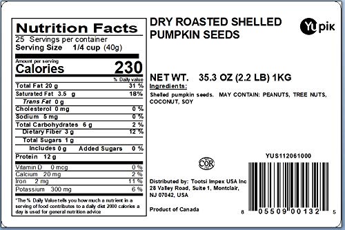 Image of Yupik Dry Roasted Pumpkin Seeds, No Shell, 2.2 lb (35.2 oz), Pack of 6, Gluten-Free, GMO-Free, Kosher, Shelled Pepitas, Unsalted, Oil-Free, Plant-Based Protein, Source of Fiber, Healthy Snacks