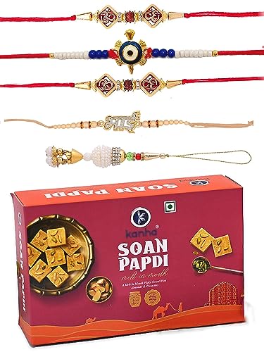 Rakhi for brother with soanpapdi, 5 Set of r akhi with sweet for brother Gift Pack, Soanpapdi with R akhi Combo, Rakhi for Bhaiya Bhabhi with Sweet and Greeting Card