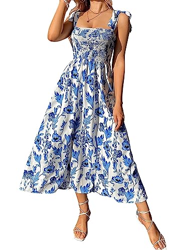 Floerns Women's Floral Print Tie Strap Square Neck Ruffle Boho Maxi Dress