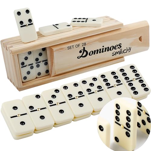 Smilejoy Dominoes Set for Adults, Domino Set for Classic Board Games, Double 6 Domino Game Set 28 Pieces with Natural Wood Case (2 Players)