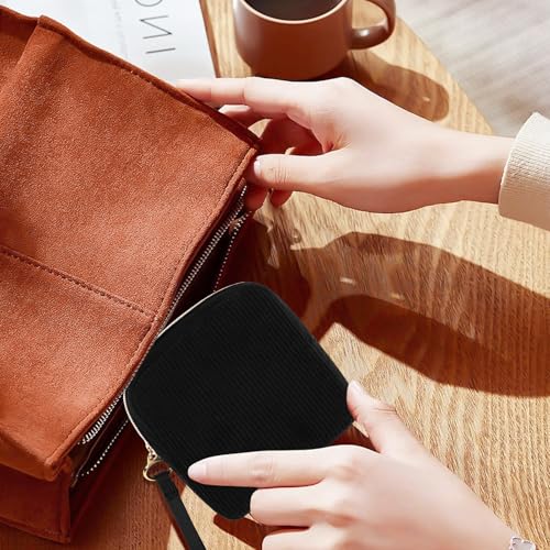 Image of Corduroy Period Pouch Small Discreet Period Bag Sanitary Napkin Storage Bag Cute Menstrual Pad Pouch Tampon Bag for Purse Portable Wristlet Makeup Bags for Women Ladies Black