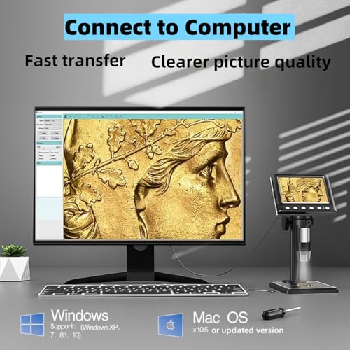 Image of Digital Microscope with 4.3 inch LCD Screen, 1000X USB Coin Magnifier, 1080P HD, 8 Adjustable LED Lights, Compatible with Windows & Mac, Rechargeable, for Adults & Kids