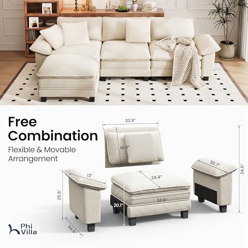 Image of PHI VILLA Cloud Modular Couch Sets, 123.6 inch Sectional Sofa with L-Shaped Chaise, 4-Seater Upholstered Couches with Movable Ottoman for Living Room, Chenille Fabric, Beige
