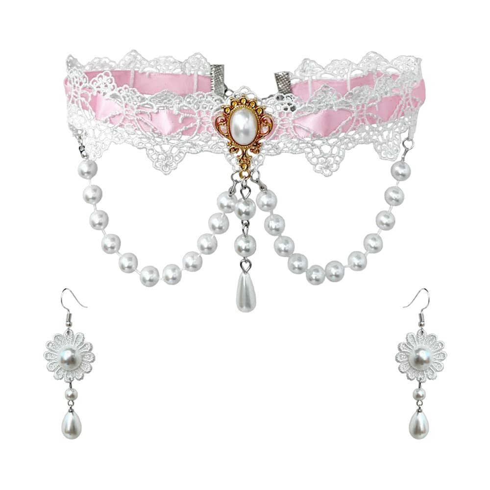 Black Lace Necklace Earrings Set - Gothic Lolita Pendant Choker Clothing Accessories for Wedding Birthday Hallowen Christmas