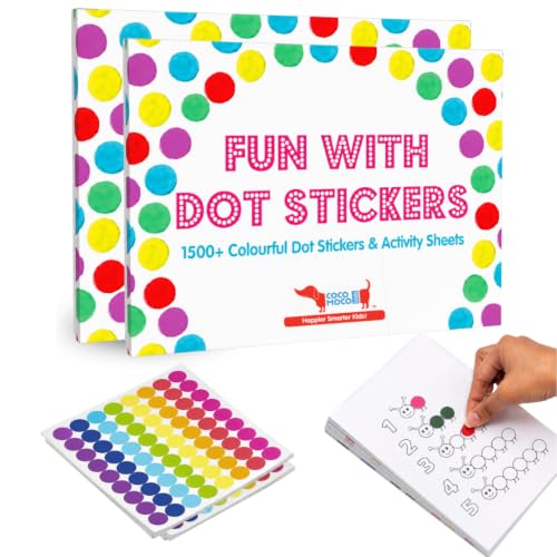 Image of CocoMoco Kids Premium Dot Stickers for Kids with 123, ABC & Animals Sticker Book -1500+ Round Color Stickers Fun Craft Supplies for Boys & Girls, Sticker Activity Book (Pack of 2)