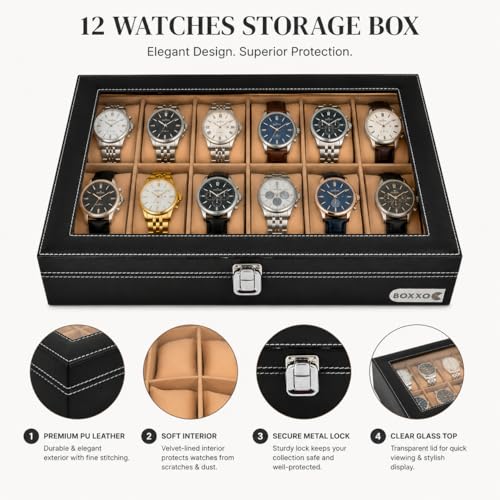 Image of BOXXO 12 Slot Watch Organizer Box for Men & Women - Premium PU Leather Watch Case, Soft Velvet Cushions & Glass Lid Display, Elegant Storage Box - 34x20x8 cm (Black /beige, 12 slots)