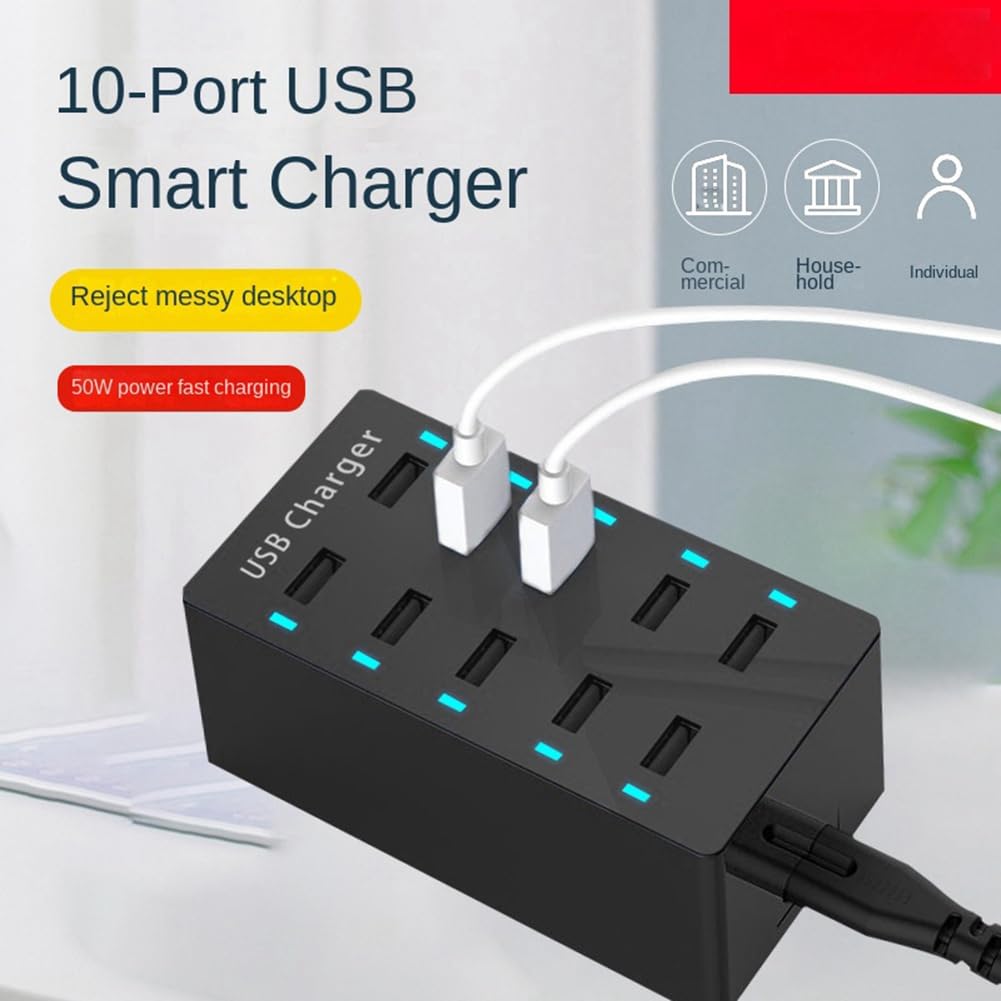 1 szt. 50 W USB Multiport Charger Hub 10 portów Szybka ładowarka Ładowarka stacjonarna Stacja dokująca Ładowarka biała (Wielka Brytania)