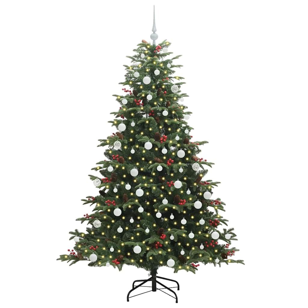Albero di Natale artificiale con 300 LED bianco caldo, 180 cm, verde, pieghevole, in PVC, con supporto, per interni ed esterni protetti, 8 modalità flash, funzionamento USB