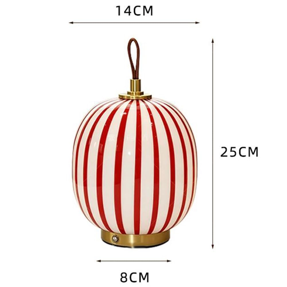 LED Tischlampe Kugel Glas Kabellos Tischleuchte Dimmbar Touch Schalter Batteriebetrieben Schreibtischlampe Rot Gestreiftem Glaslampenschirm Nachttischleuchten USB Aufladung Tragbar Runde