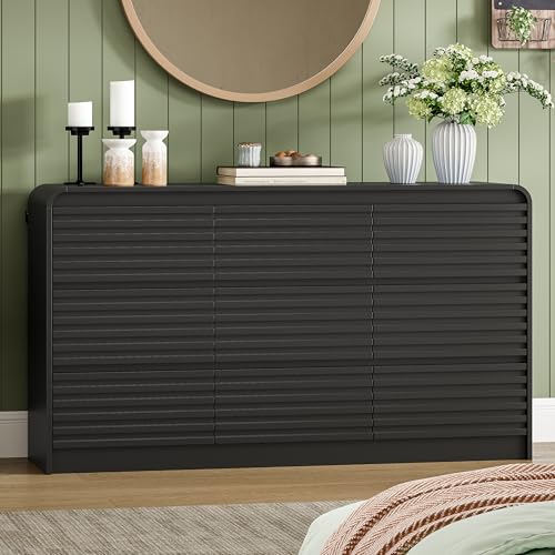 Image of 9 Drawer Dresser for Bedroom,59 inch Wide Fluted Dresser with Curved Edge and Ergonomic Handleless, Large Wooden Clothes Storage Organizer, Modern Chest of Drawers for Closet, Living Room,Black