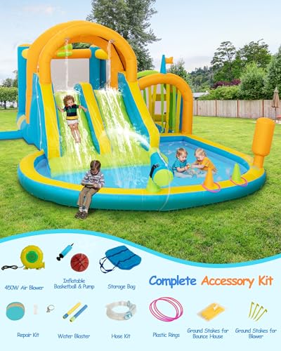 Inflatable Double Water Slide for Kids, Water Park Backyard Summer with Large Pool &Long Slides, Inflatable Bounce House with Climbing Wall,A Water Cannon,a Water Spraying,2 Water Guns,450W Air Blower - Thumbnail 6
