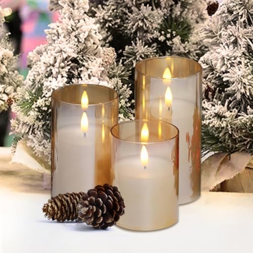 Image of CANDLE CHOICE Real Wax Battery Operated Flameless Pillar Candles with Auto Timer Gold Glass Shell Realistic Black Wick Flickering Electric LED Lights for Wedding Halloween Christmas Decorations 3 Pack