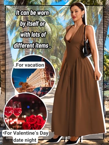 Image of ChiaoLezhee Deep V Neck Dress, Halter Maxi Dresses, Vacation Date Night, Sexy for Women Corset Flowy Wedding Guest Drop Waist