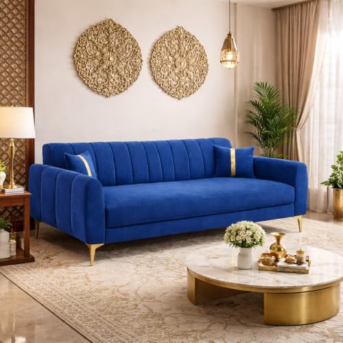 Image of Hermione Luxe Velvet-Suede Fabric 3 Seater Sofa | Comfortable Seating | Modern Sofa for Living Room - Dark Blue