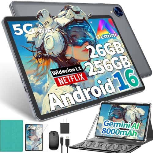 Image of Android tablet 10 inch, Android 16 Tablet with Keyboard, 26GB+256GB+2TB Expand, 2 in 1 Tablet with Gemini AI, 8-Core, 8000mAh, Widevine L1, GMS, Electronics Tablets with Case /Mouse /Stylus-Green Case