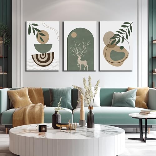 Image of Boho Sun Canvas Wall Art Set of 3, Neutral Abstract Minimalismt Bohemian Geometric & Botanical Plants Pictures Prints Artwork Paintings Wall Decor for Bedroom Living Room Home Decoration 24x36 inches